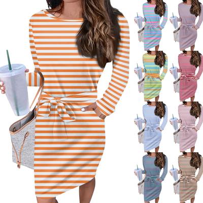 Damen Casual Fashion Sexy Rundhals Langarm Taille Gestreiftes Kleid