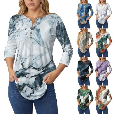 3/4-Ärmel Damen-Oberteile Sommer-T-Shirts Blumendruck V-Ausschnitt Lässige Basic-T-Shirt Button-Shirts Tunika-Oberteile