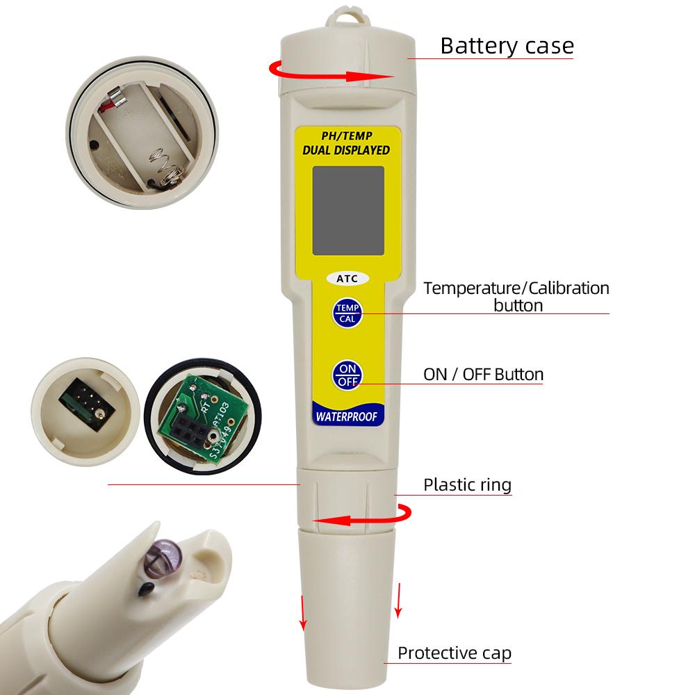 Hochpräzises PH-Meter 2 in 1 Wasserqualitätstester PH-Temp-Detektor ATC Wasserdicht Säuremessgerät PH-Teststift für Aquarium Pool