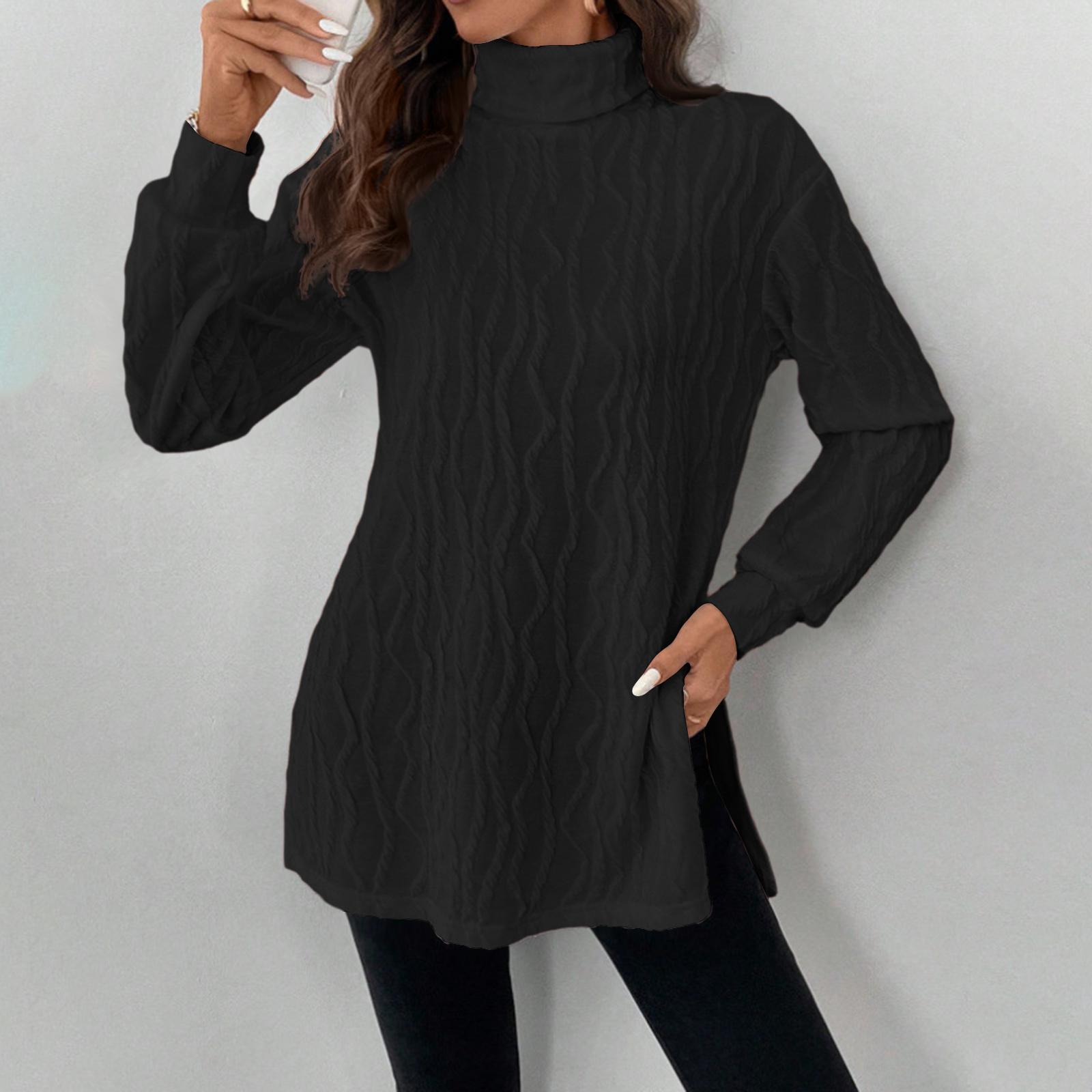 Women s Casual Semi High Neck Elastic Base Shirt Long Sleeved Color Top L чёрный