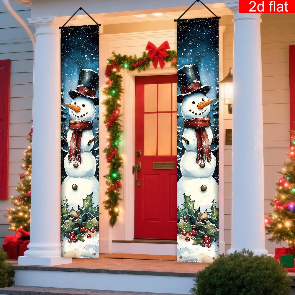 Merry Christmas Porch Sign Snowman Couple 1 Pair Polyester Indoor Outdoor Decor
