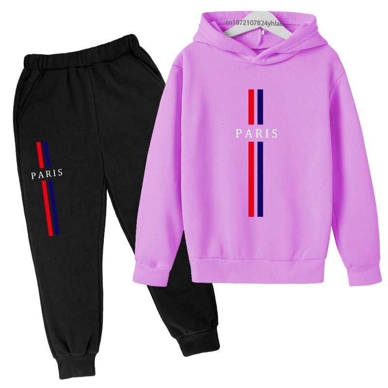 Kids Autumn Spring Casual Paris Print 2pcs Hoodie+Pants Tracksuits 2-13Years Boys Girls Fashion Streetwear Children Clothes Sets