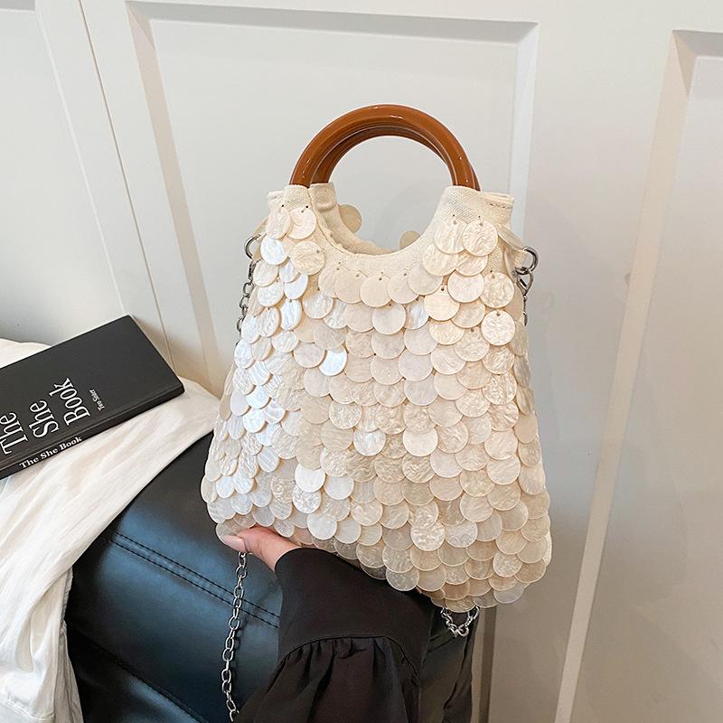 Shell Sequin Handbag Wooden Ring Handle Luxury Handmade Evening Bag Women Elegant Crossbody Purse With Detachable Chain Strap