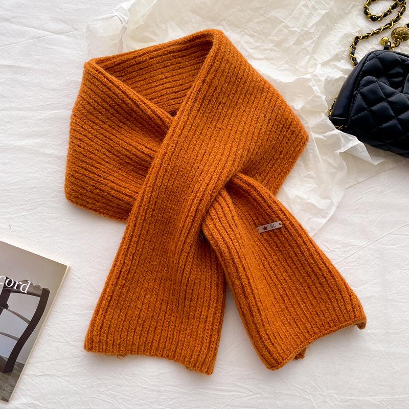 Simple knitted small scarf containing wool, women's autumn and winter age reduction versatile solid color warm cross wool scarf