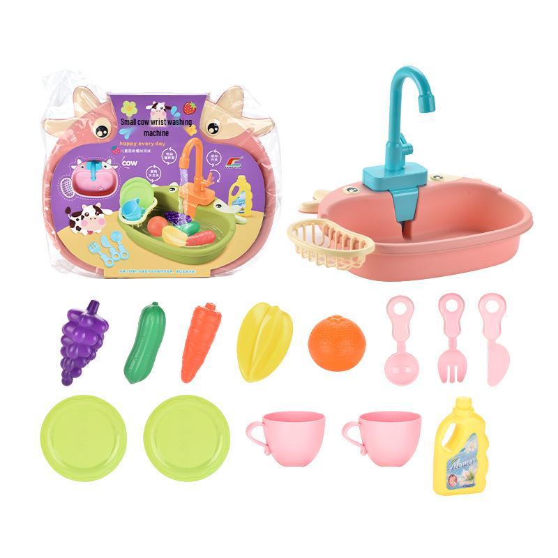 

Cross-Border Kids Toy Set: Little Cow Dishwasher & Sink with Electric Water Outlet, Pretend Play Kitchen & Vegetable Washing Basin розовый