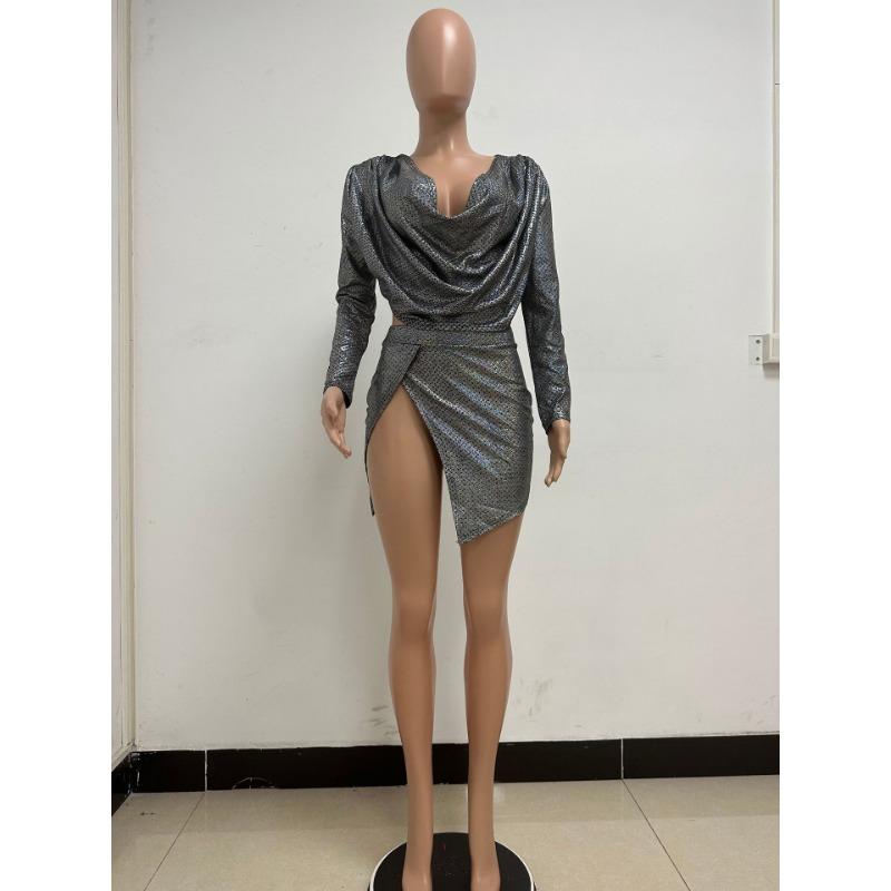 Women's Summer Drip Glue Long Sleeve Suit Women's Fashion Two-piece Deep V Pleated Slit Suit Skirt