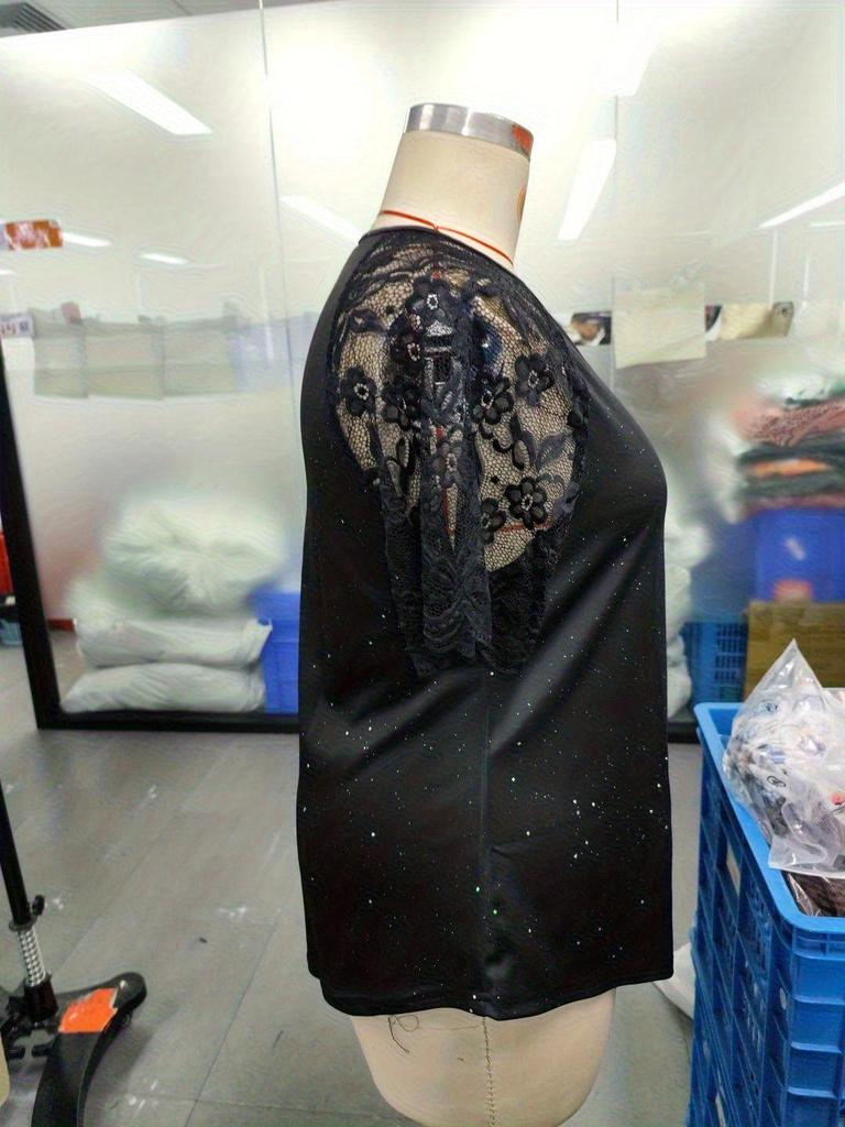 T-shirt Estiva 2026 Taglie Forti Stile Europeo e Americano con Pizzo Brillante, Scollo a V, Manica Corta