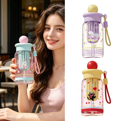 500ML Large Capacity Cartoon Water Bottle with Straw Heat-Resistant Leakproof Transparent