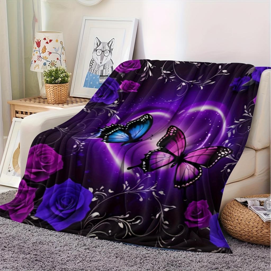 1pc Charming Purple Butterfly Rose Floral Print Flannel Blanket - Soft Warm Tear-Resistant All-Season Home Decor, Perfect Gift F