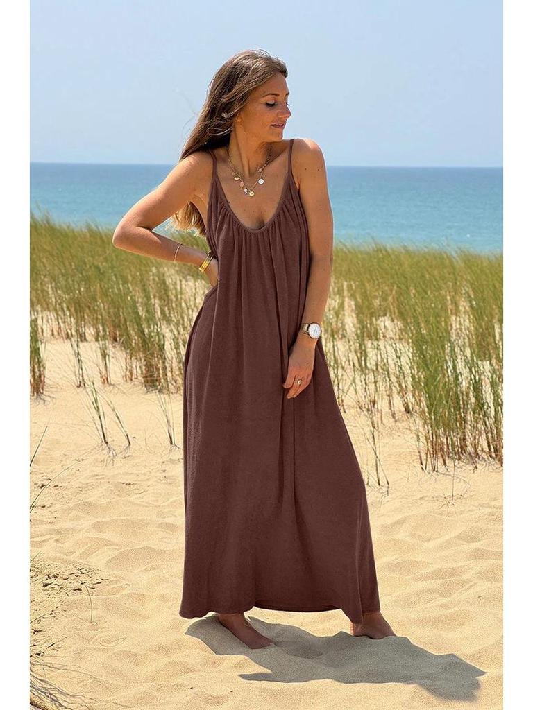 European Seaside Holiday Backless Spaghetti Strap Women's Summer V-Neck Maxi Dress