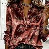 Dames Satin Lange Mouwen Shirt Vintage Roze Bloemenprint Blouse Kraag Enkelrijig Los Kantoor Tops