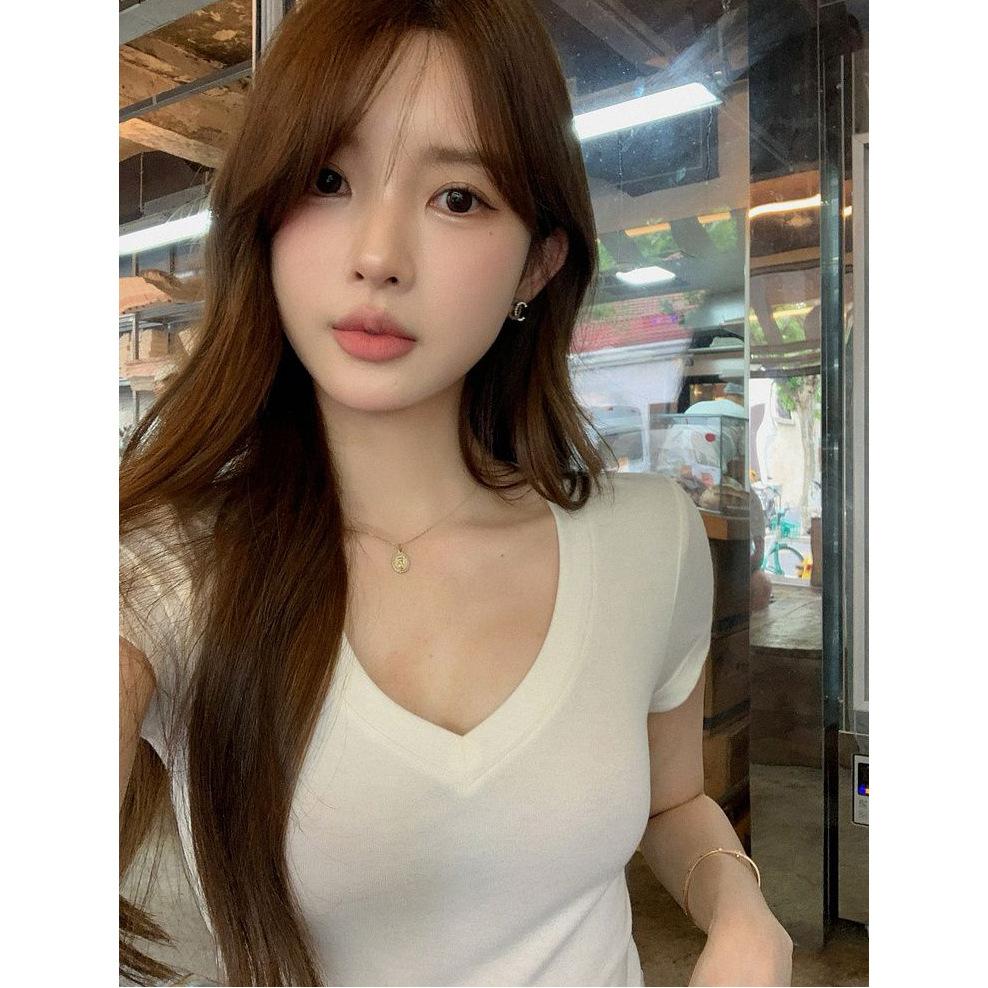 Korean Careful Machine V-neck Solid Color Short-sleeved T-shirt Women, Summer New Slim-fitting and Thin Top