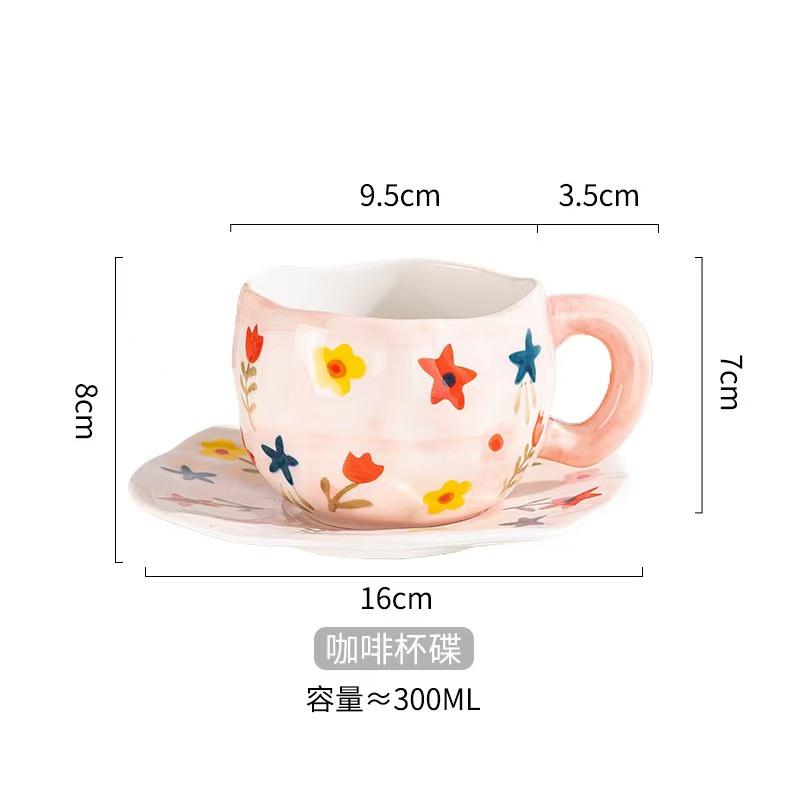 300ML Korean Style Hand Pinched Irregular Ceramic mug Hand-painted Flower Heart Coffee Cup Breakfast Milk Afternoon tea cup Gift