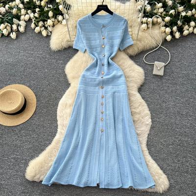 Summer Elegant Lady Knitted Single Breasted Long Dresses Women Solid Short Sleeve O Neck Button Bodycon Party Dress Female