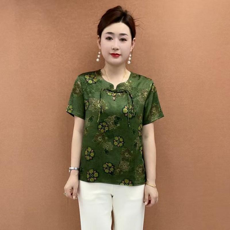 Summer 2026 Retro Chinese Style Printed T-shirt for Middle-Aged & Elderly Women - Slimming Short Sleeve Round Neck