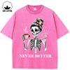 Never Better Coffee Skulls Printed Washed Holes T-Shirt Woman Trendy Cotton Streetwear O-Neck Summer T Shirt Clothes