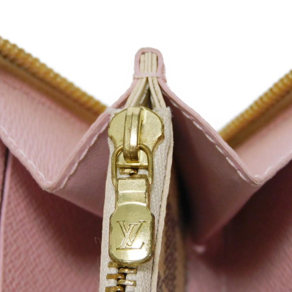 Used 12564 Portefeiulle Clemence N61264 7940 Logo Ivory Zip Around Damier Azur Rose Ballerine for Women from Japan