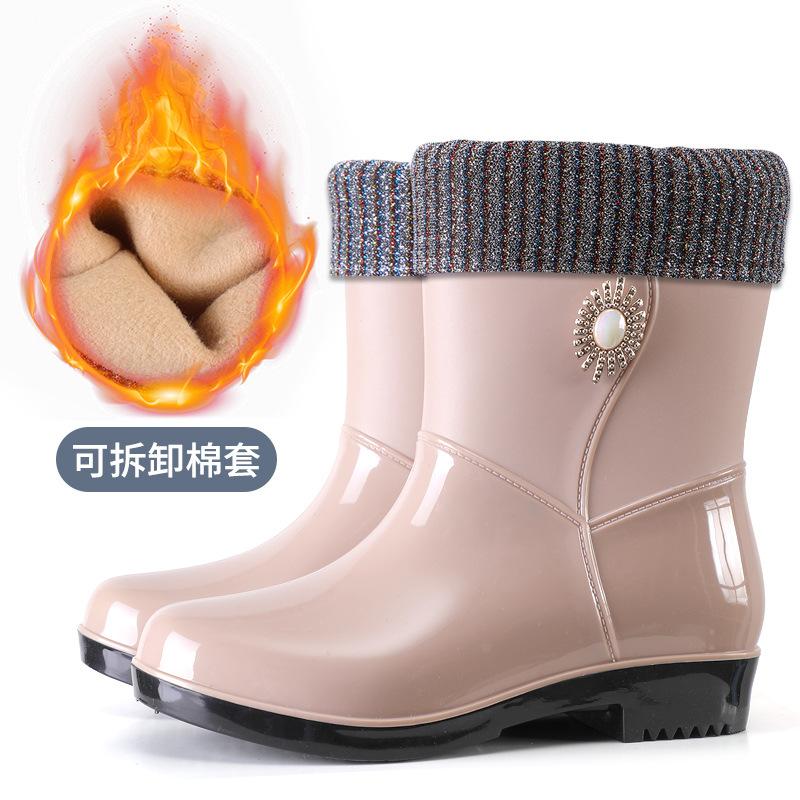 New fashion rain shoes women's medium tube non-slip warm thickened wear-resistant rain boots cotton kitchen overshoes