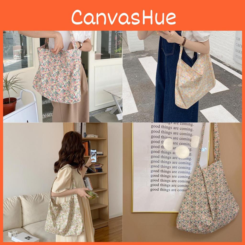 Trendy Korean Style Floral Canvas Tote Bag For Daily Use Medium Size Soft Handle