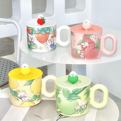 High-Value Cartoon Ceramic Cup With Lid Household Cute Couple Coffee Cup Creative Souvenir