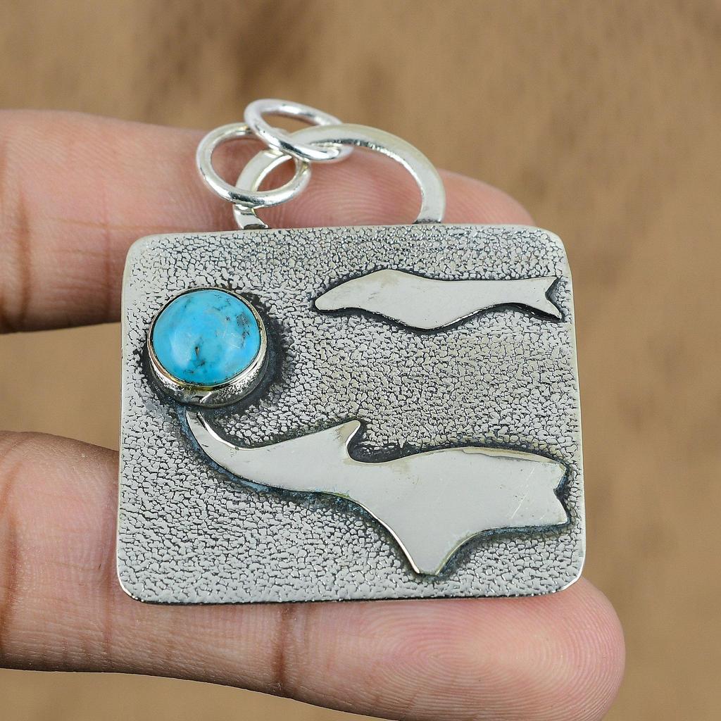 Round Natural Tibetan Turquoise No Stone 925 Sterling Silver Handcrafted Pendant