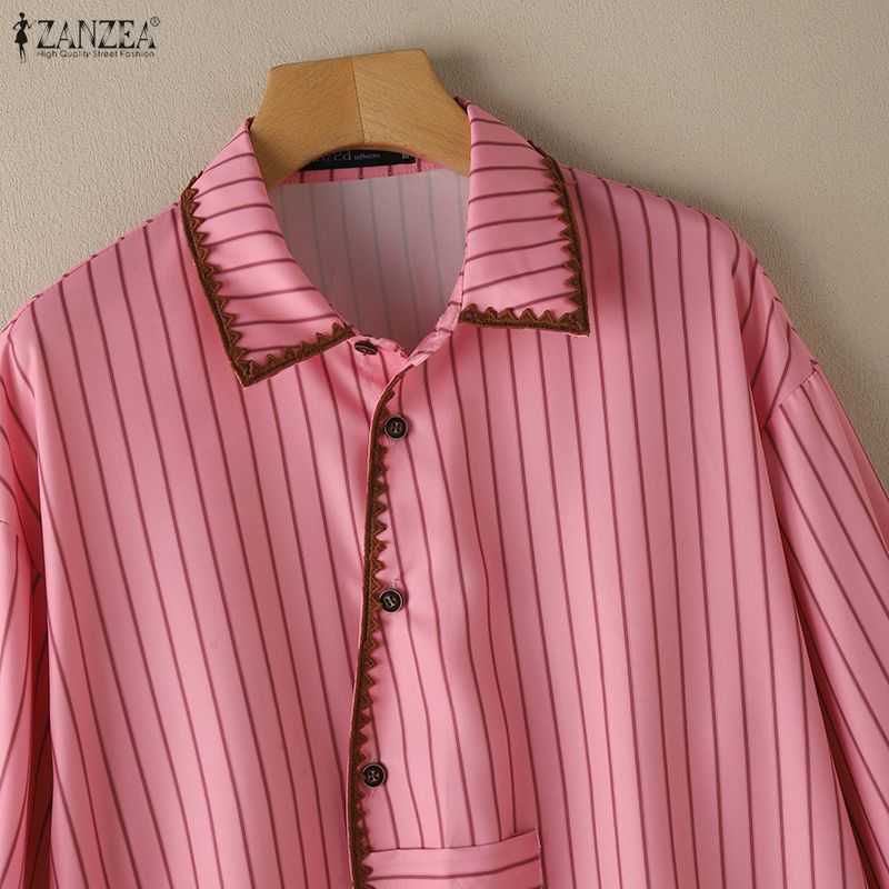 ZANZEA Women Stripe Print Loose Casual Long Sleeve Blouse