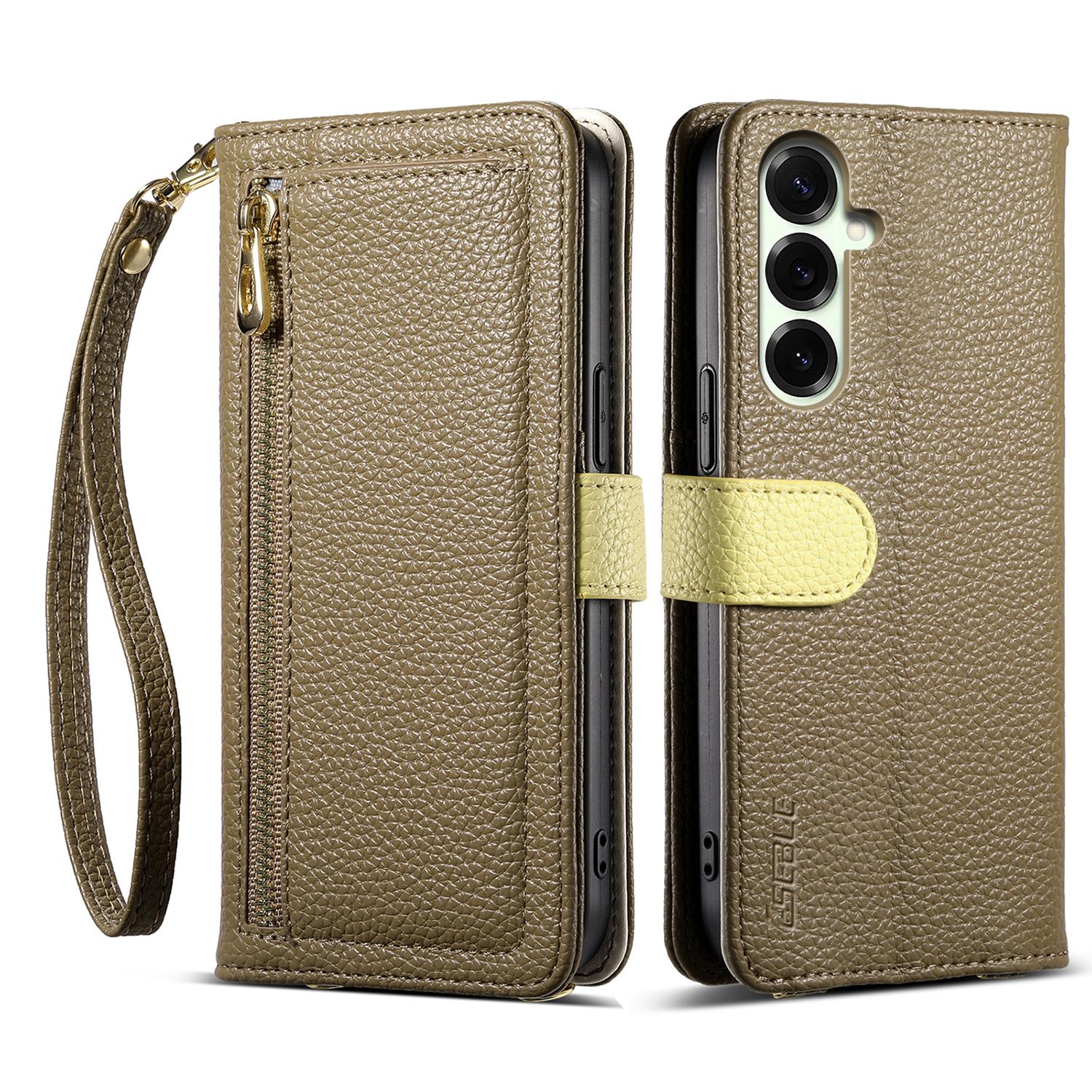 

ESEBLE E11 For Samsung Galaxy S23 FE Case Zipper Pocket Litchi Texture Leather Phone Cover with Mirror and Wrist Strap E