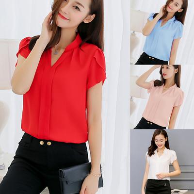 Formální letní jednobarevná šifonová halenka pro Office Lady s výstřihem do V a krátkým rukávem