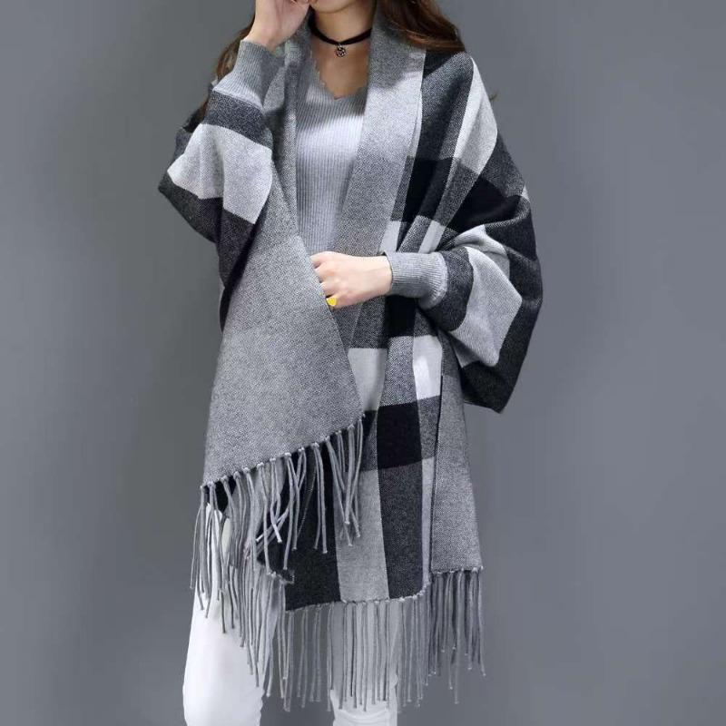 Thick Shawl Women Sweater Plaid Knitted Cardigans for Autumn and Winter Outfits