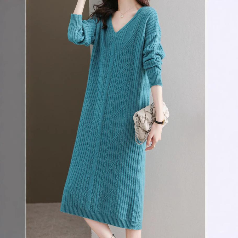 V-neck knitted dress women's autumn and winter temperament plaid long loose large size bottoming sweater skirt