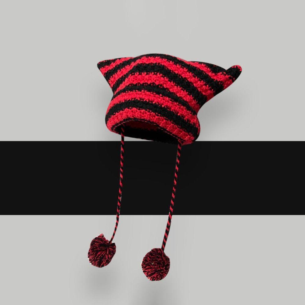 Cute Knitting Striped Devil Ear Casual Cap Japanese Beanie Hat Bonnet Hats Knitted Wool Caps