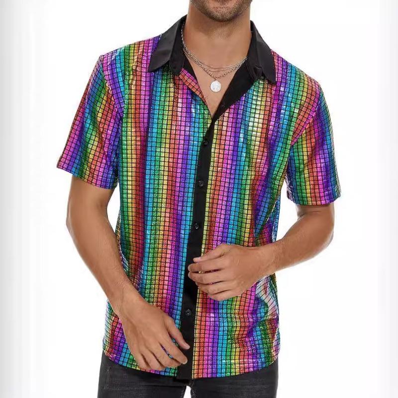 Mens Rainbow Sequins Plaid Short Sleeve Button Down Party Shirt