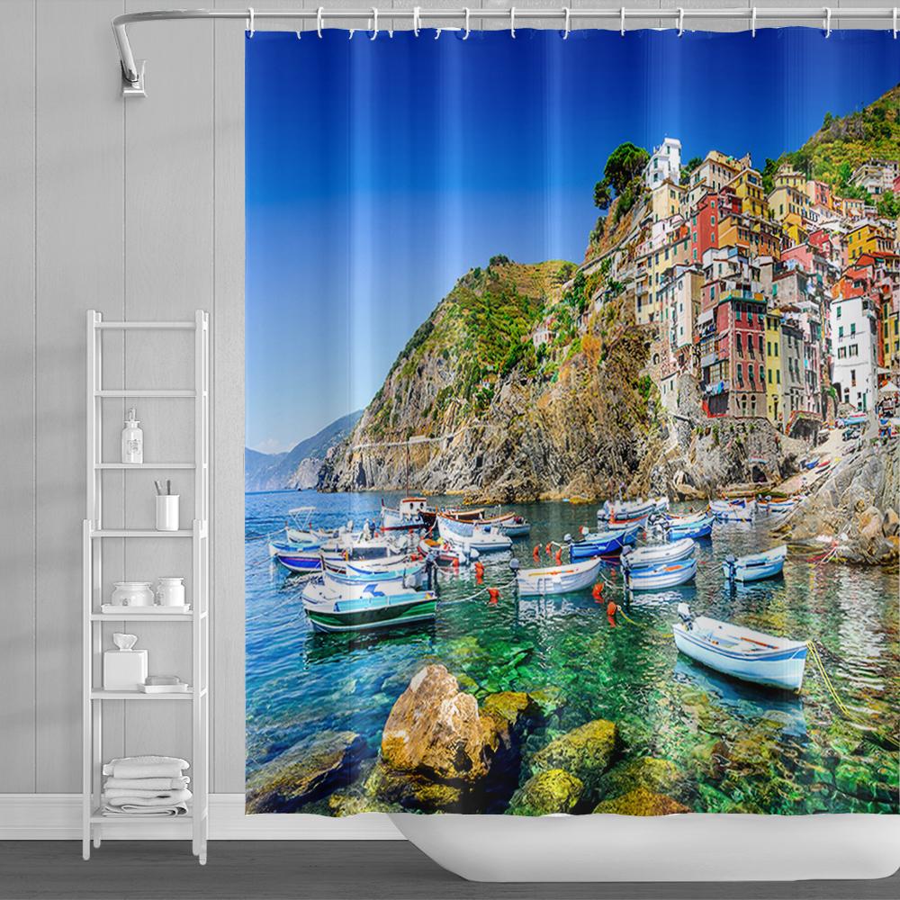 Natural Scenery Shower Curtains Seaside Mountain Landscape Bathroom Waterproof Polyester Bath Curtain Home Decoration With Hooks