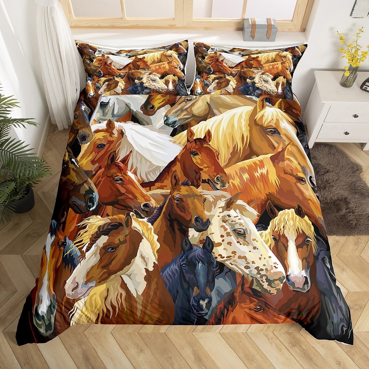 

Horse Soft Duvet Cover Daisy Flowers Printed, Art Soft Beding Set,Western Farmhouse Rustic Theme Bed Linen Set Young Boys Young Girls Women Men Warm 120*200cm Single