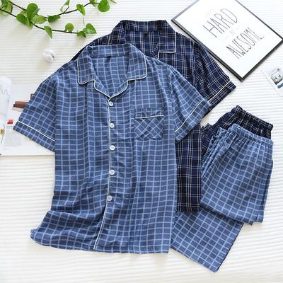 New Men's Short-sleeved Trousers Pajamas Two-piece 100% Viscose Spring and Summer Thin Plaid Large Size Home Service Cover