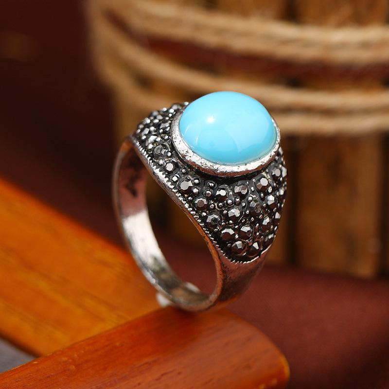 Unisex Mongolian Ethnic Ring with Imitation Turquoise Gemstone - Fashionable Minority Style Accessory Size 7