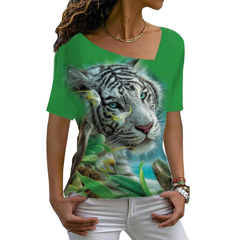 Sommer Neues Tiger Muster 3D Gedrucktes Damen Schräghals Slim Fit Kurzarm T-Shirt