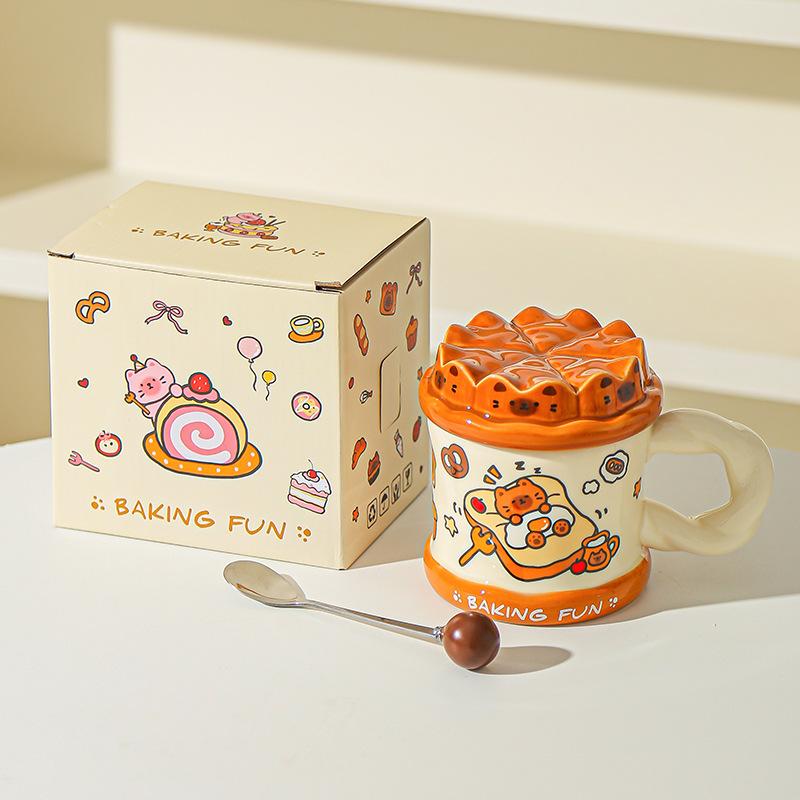 Hand drawn Birthday Cake Cute Cat Mug Office High Looking Girl Water Cup with Lid Home Couple Ceramic Cup