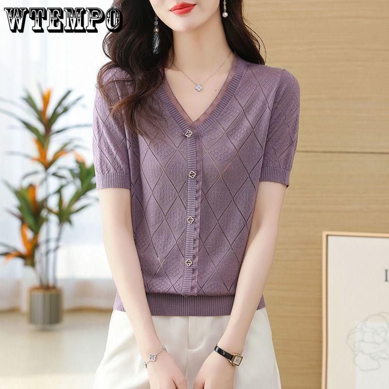 Summer V-neck Knitted T-shirt for Women Ice Silk Knit Sweater Loose and Thin Short Top