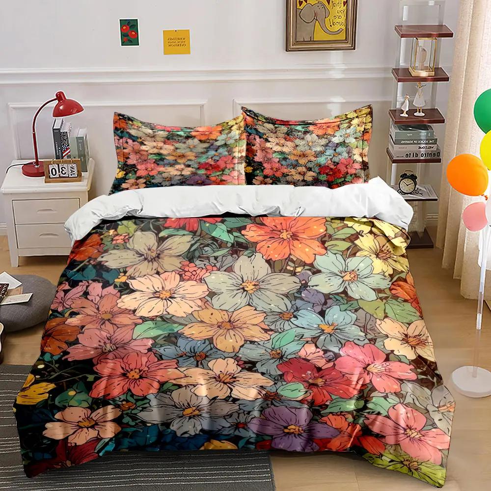 Colorful Floral Pattern Decor Set Bedding Set with 1 Duvet Cover 2 Pillowcases Single Double King Queen Gift