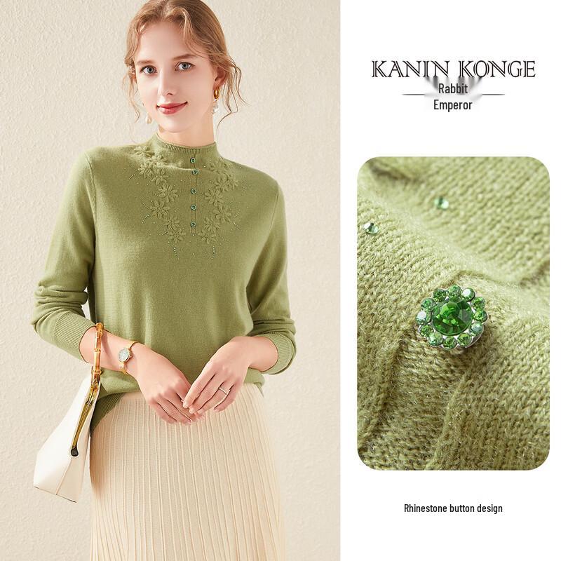 TUHUANG Damen Pullover aus reiner Wolle mit Stickerei und halbem Rollkragen