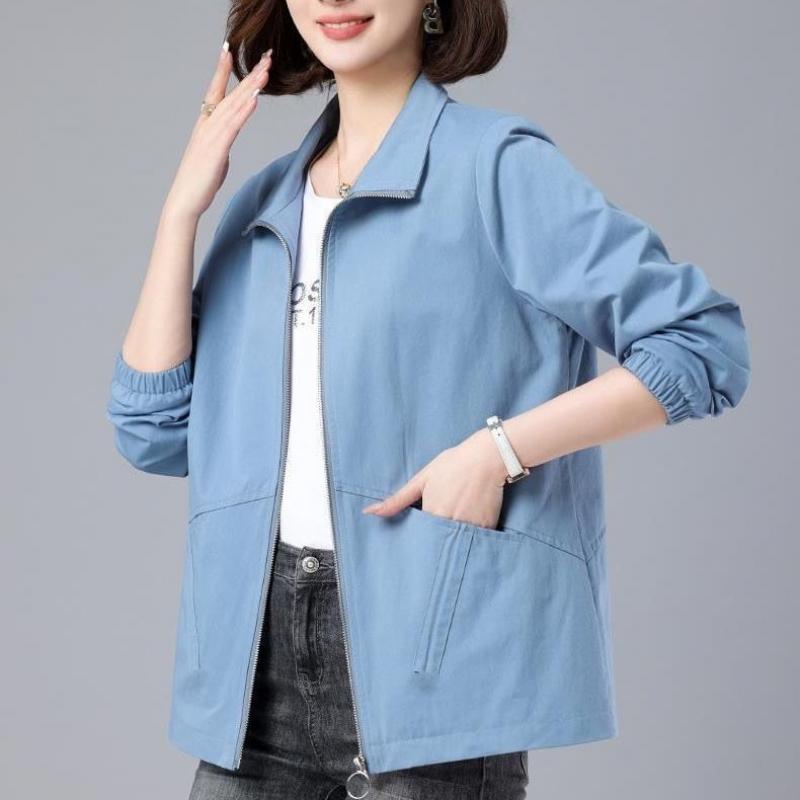 Women's Spring Autumn Plus Size Thin Lapel Loose Zip Section Solid Colour Casual Jacket