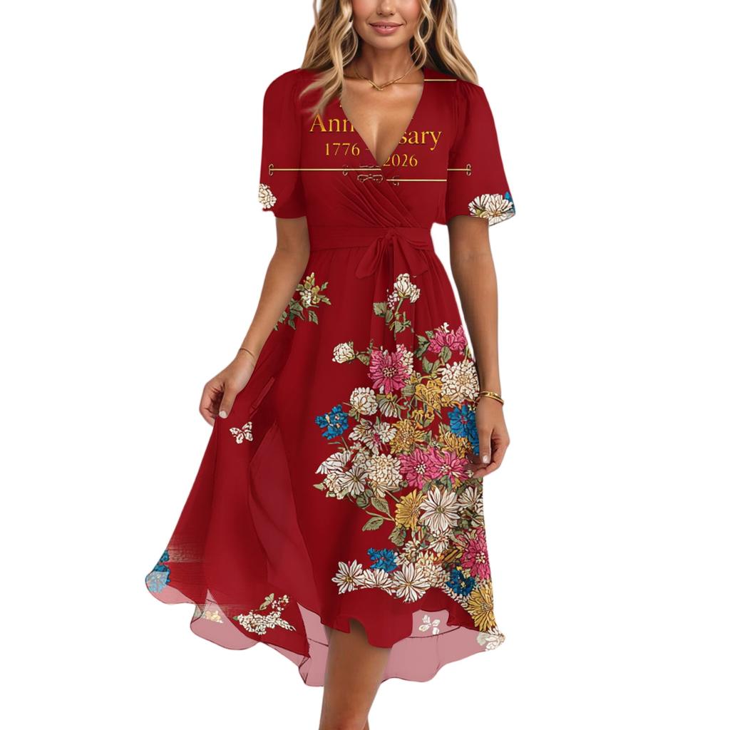 Women's Fashionable Casual V-neck Short-sleeved Independence Day Printed Dress