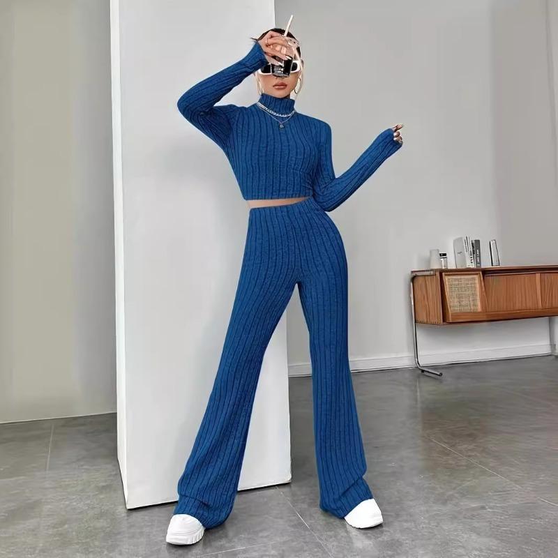 Toamnă Nou Set de pantaloni tricotați cu mânecă lungă Femei Casual Solid Stand Pantaloni largi din două piese Costume Femei Tricoturi Moda elegantă Seturi de femei 2 piese 24706