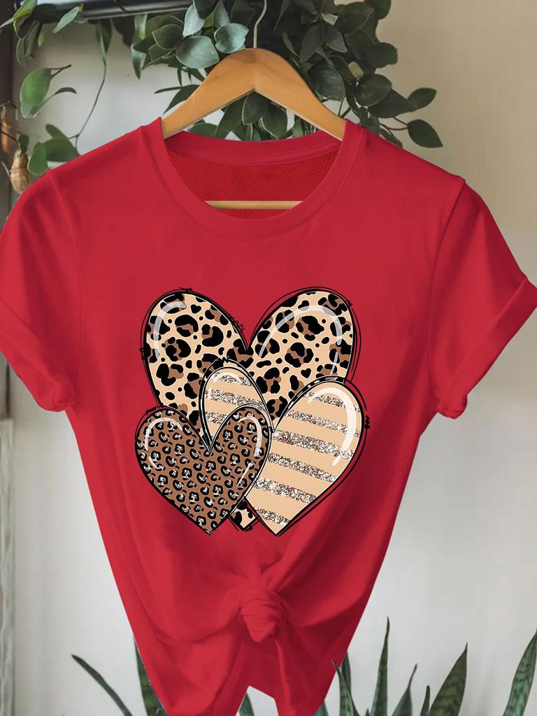 Crew Neck Casual Top for Summer and Spring Women's Valentine's Day Three Hearts Printed T-Shirt Sleeve