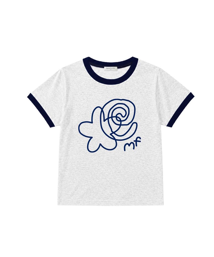 Deomopeuhauseu Doodle Flower Ringer Short Sleeve T-Shirt Light Blue