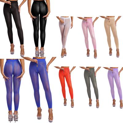Leggings attillati lucidi e trasparenti da donna, collant elastici con cerniera sul cavallo, pantaloni, calze trasparenti