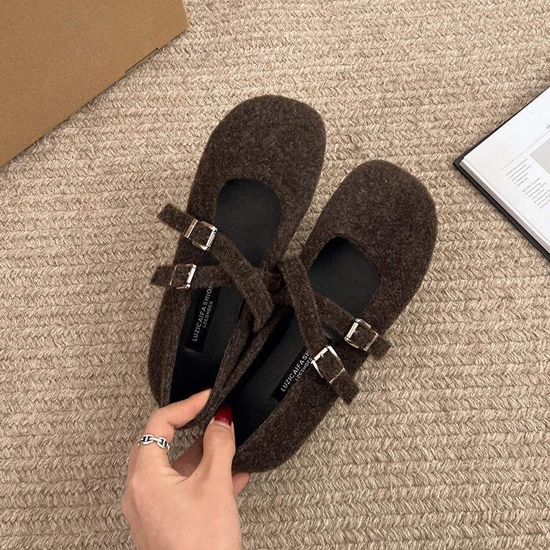 Square Toe Fleece Flet Ballet Flats Woman Winter Warm Wool Mary Jane Shoes Ladies Brand Design Elegant Plush Loafers