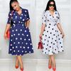 Women's African Polka Dot Dress: Mid-Sleeve, Suit Collar, Plus Size, Wide Hem & Belt