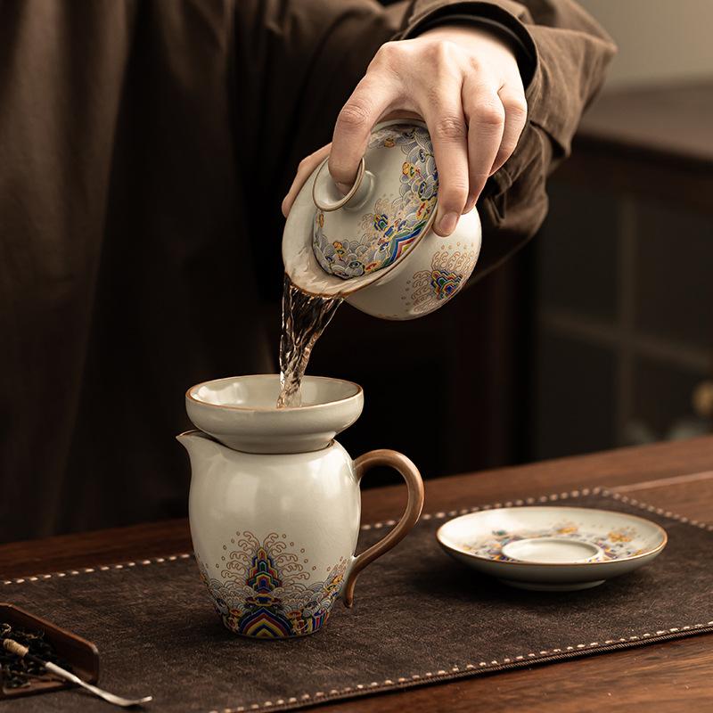 Bol cu capac Ru Kiln Sancai Bol de ceai ceramic chinezesc de înaltă calitate Set de ceai Kung Fu Bol cu capac Ceașcă Articole de ceai individuale de lux ușor